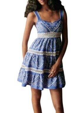 SézaneBlue White Embroidered Boho Mini Dress Women’s 42 EU / US 10 Sleeveless